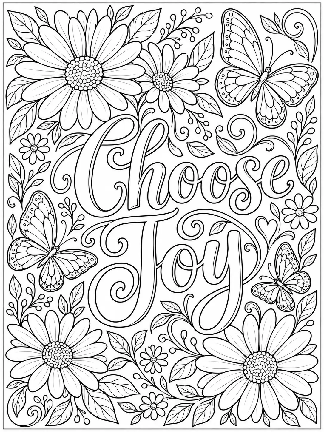 Choose Joy quote coloring page with flowers and butterflies