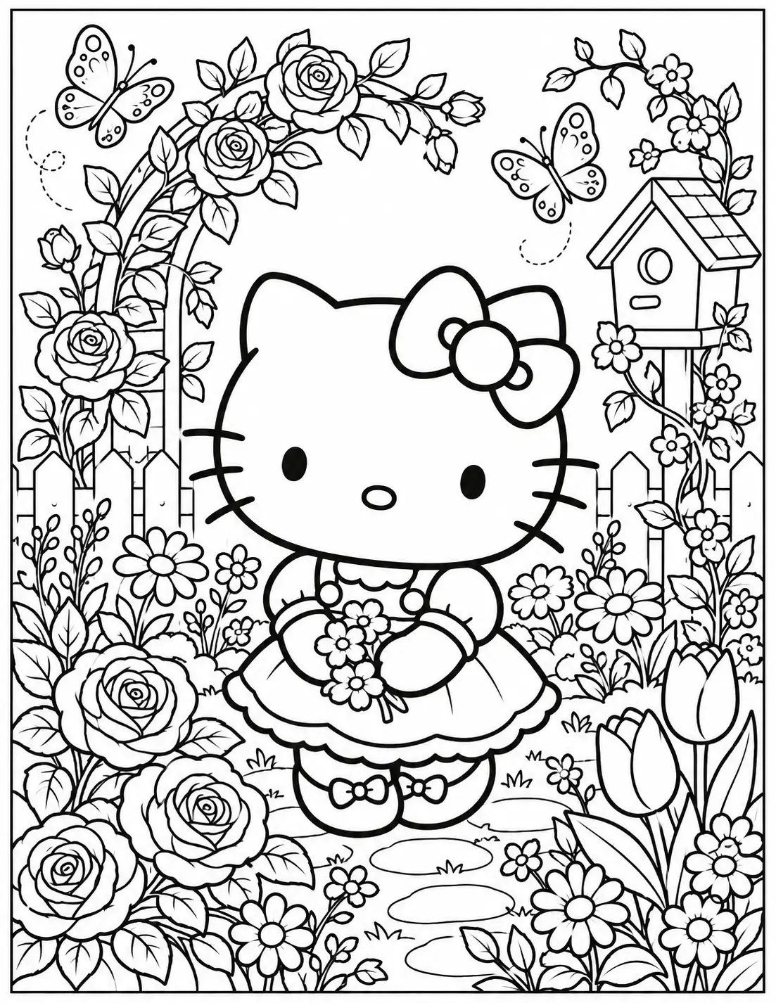 Hello Kitty in a floral garden coloring page for adults