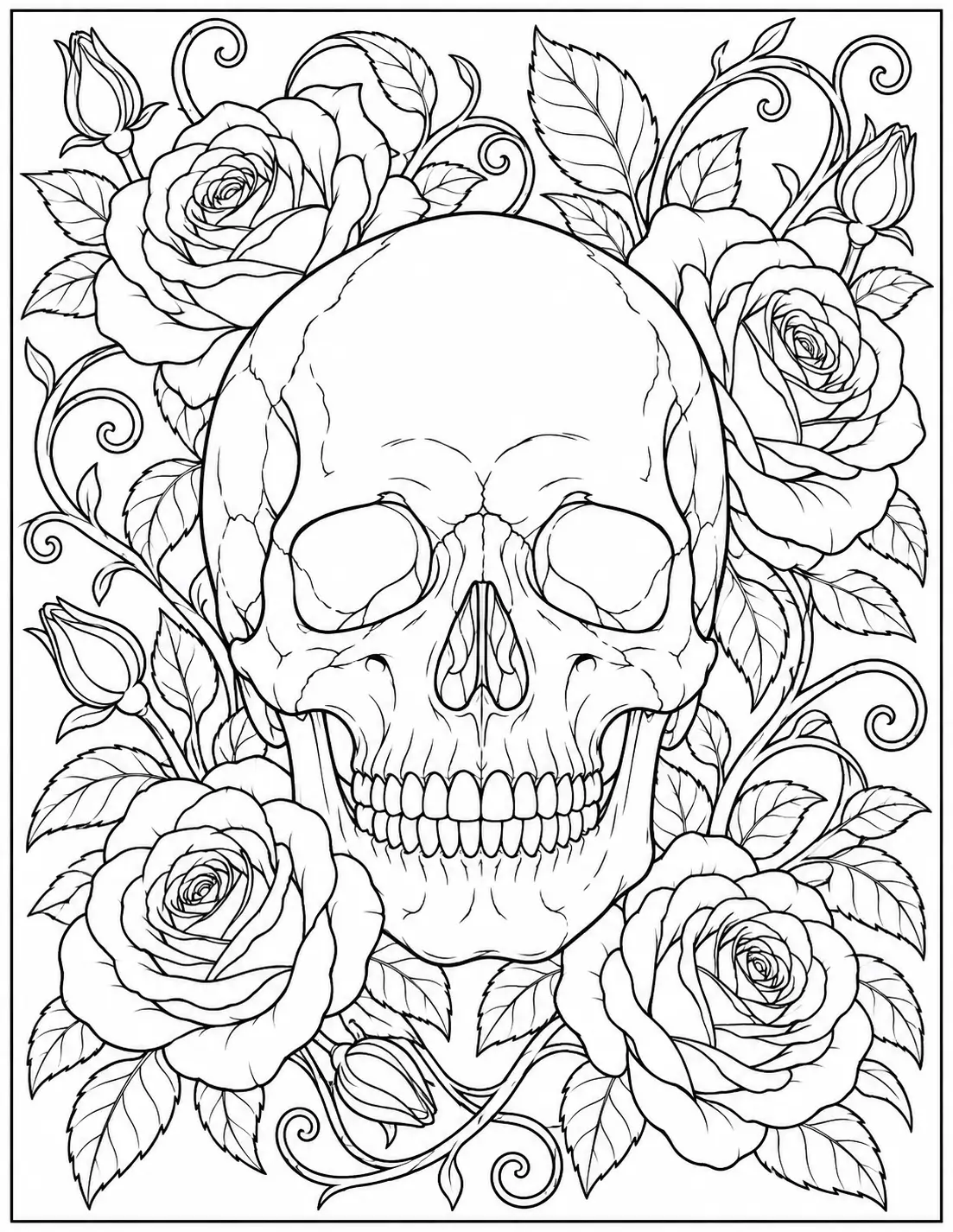 Skull with roses coloring page for adults