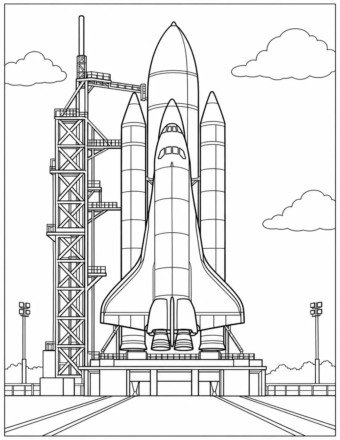 Space shuttle ready for launch on a launch pad coloring page