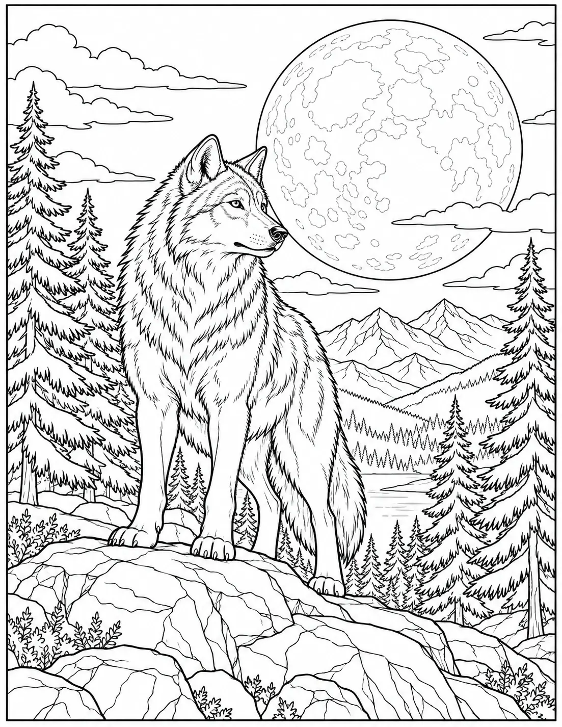 Wolf standing on a rocky ridge beneath a full moon with pine forest and mountains coloring page