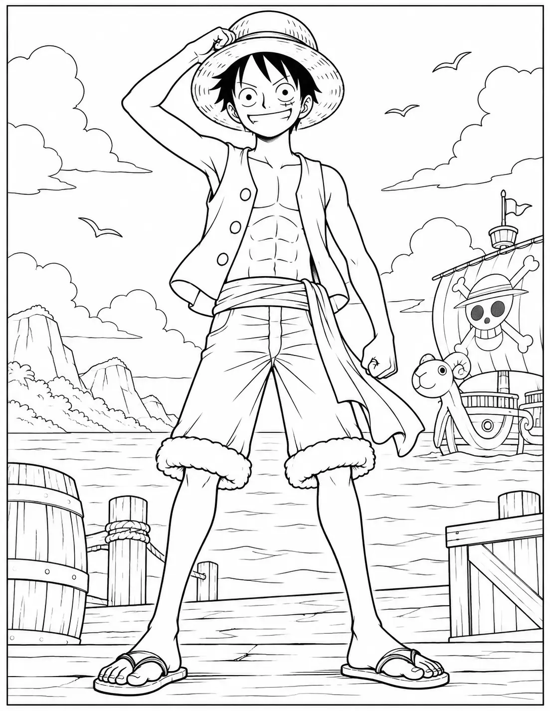 Classic Monkey D. Luffy with straw hat coloring page