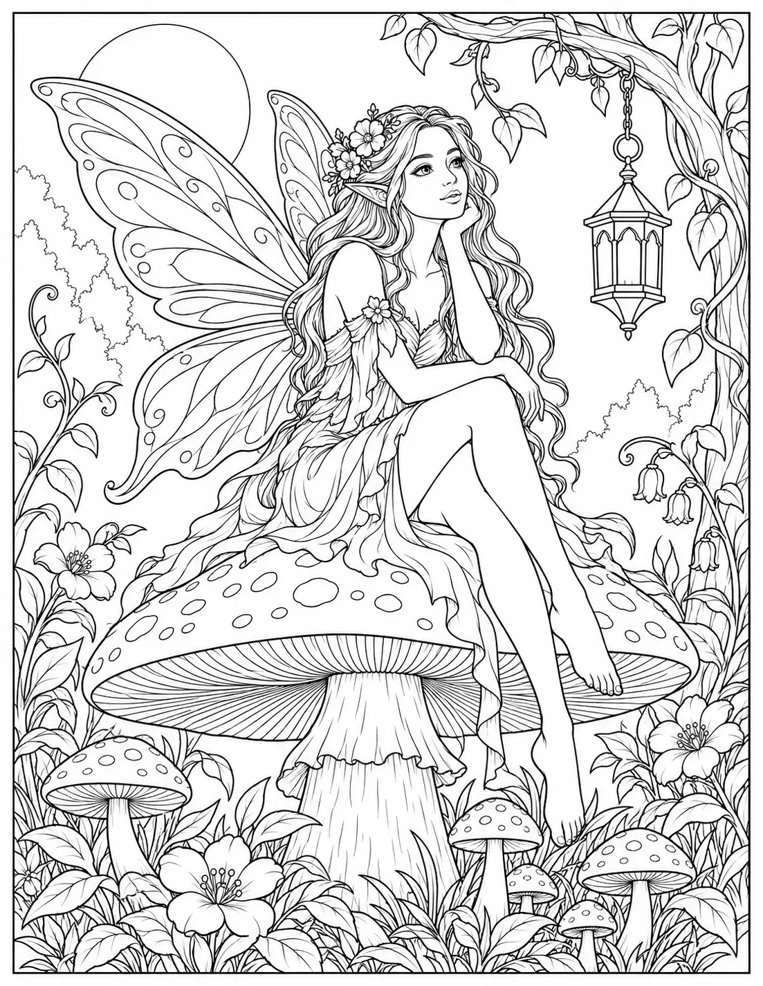 Fairy on a Giant Mushroom coloring page for adults