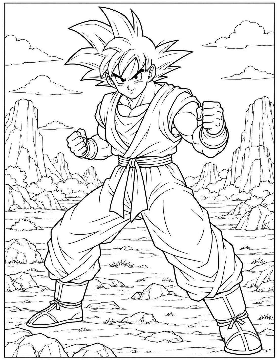 Goku in a classic fighting pose on a rocky battlefield coloring page