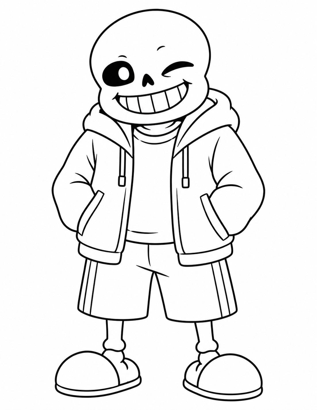 Sans Undertale coloring page with hoodie, shorts and slippers