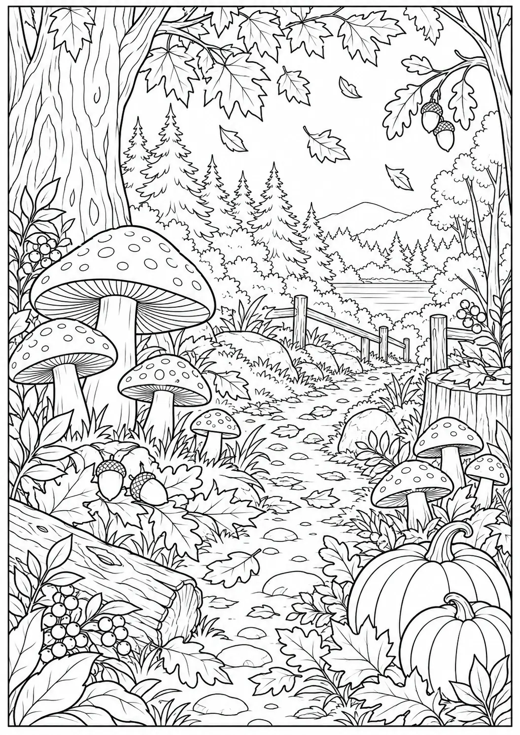 Autumn mushroom forest coloring page with pumpkins and falling leaves