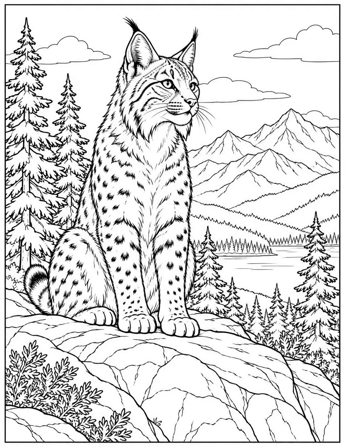 Bobcat sitting on a rock with pine trees and mountains coloring page