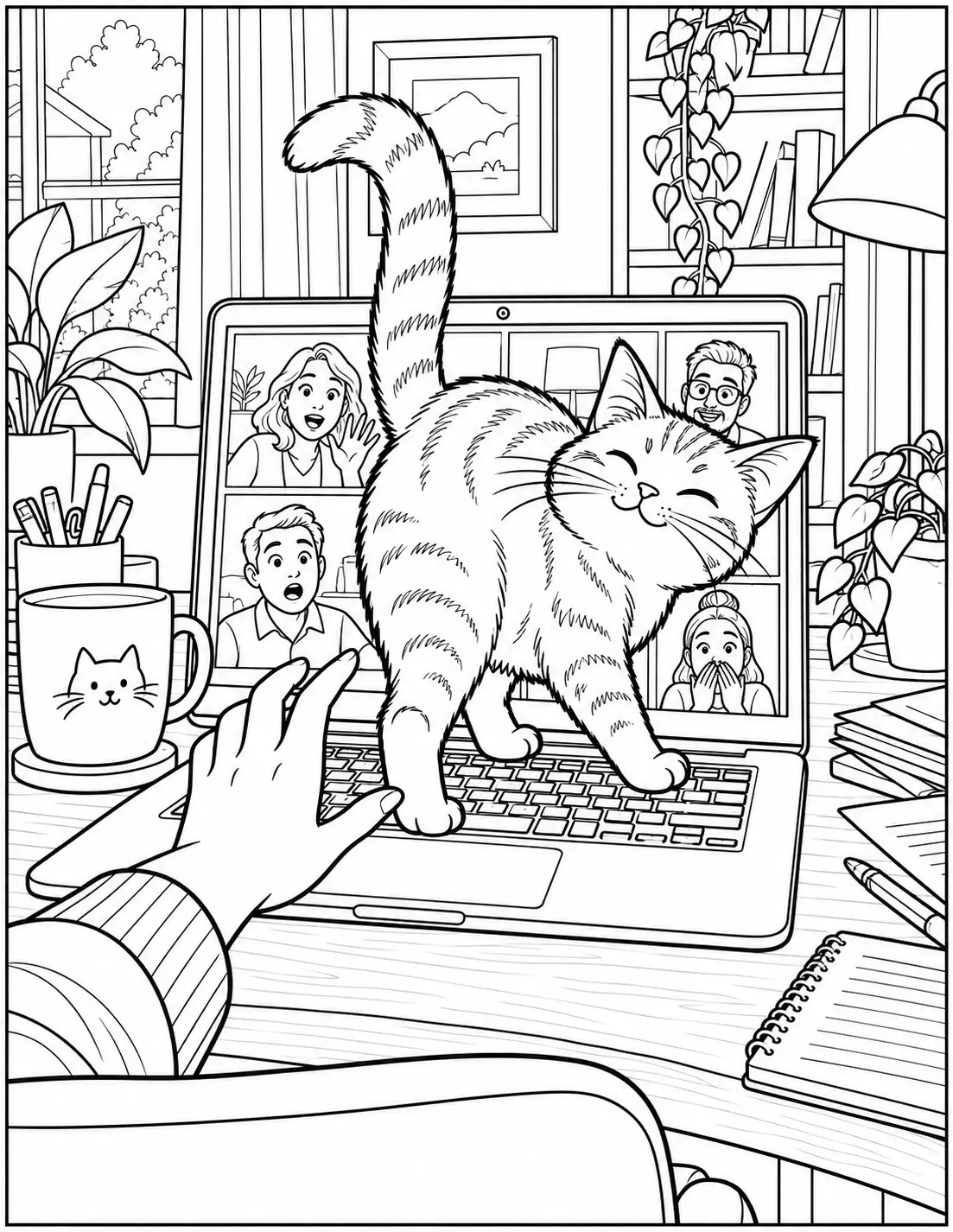 Funny adult coloring page of a cat walking across a laptop during a video meeting