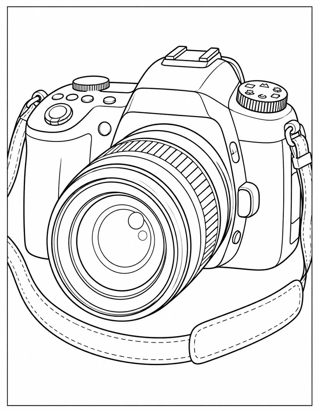 Classic DSLR camera coloring page with large lens and camera strap