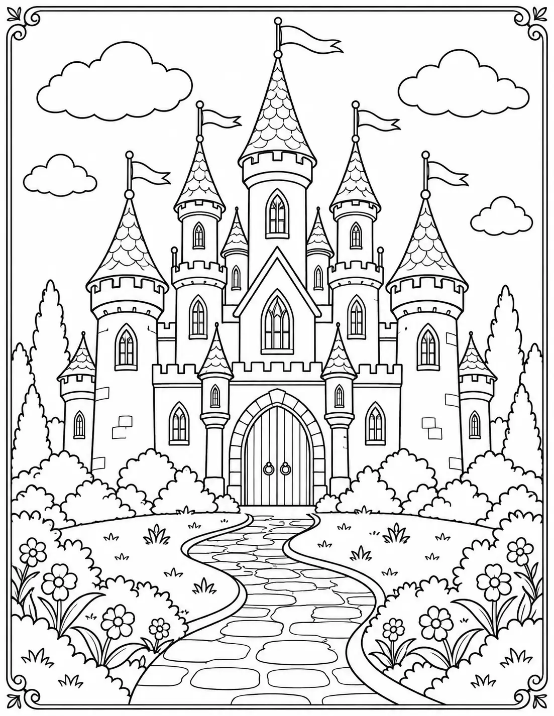 Classic fairy-tale castle with tall towers, flags, flowers and a winding path coloring page