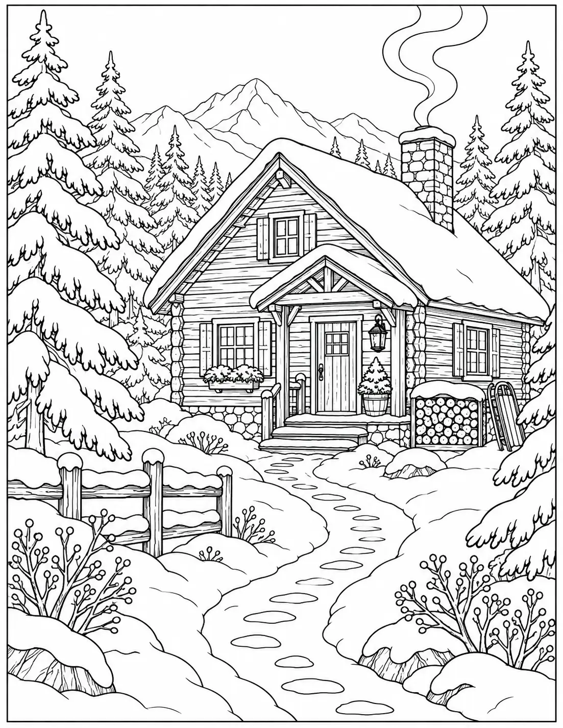 Cozy snowy cabin in a pine forest winter coloring page for adults