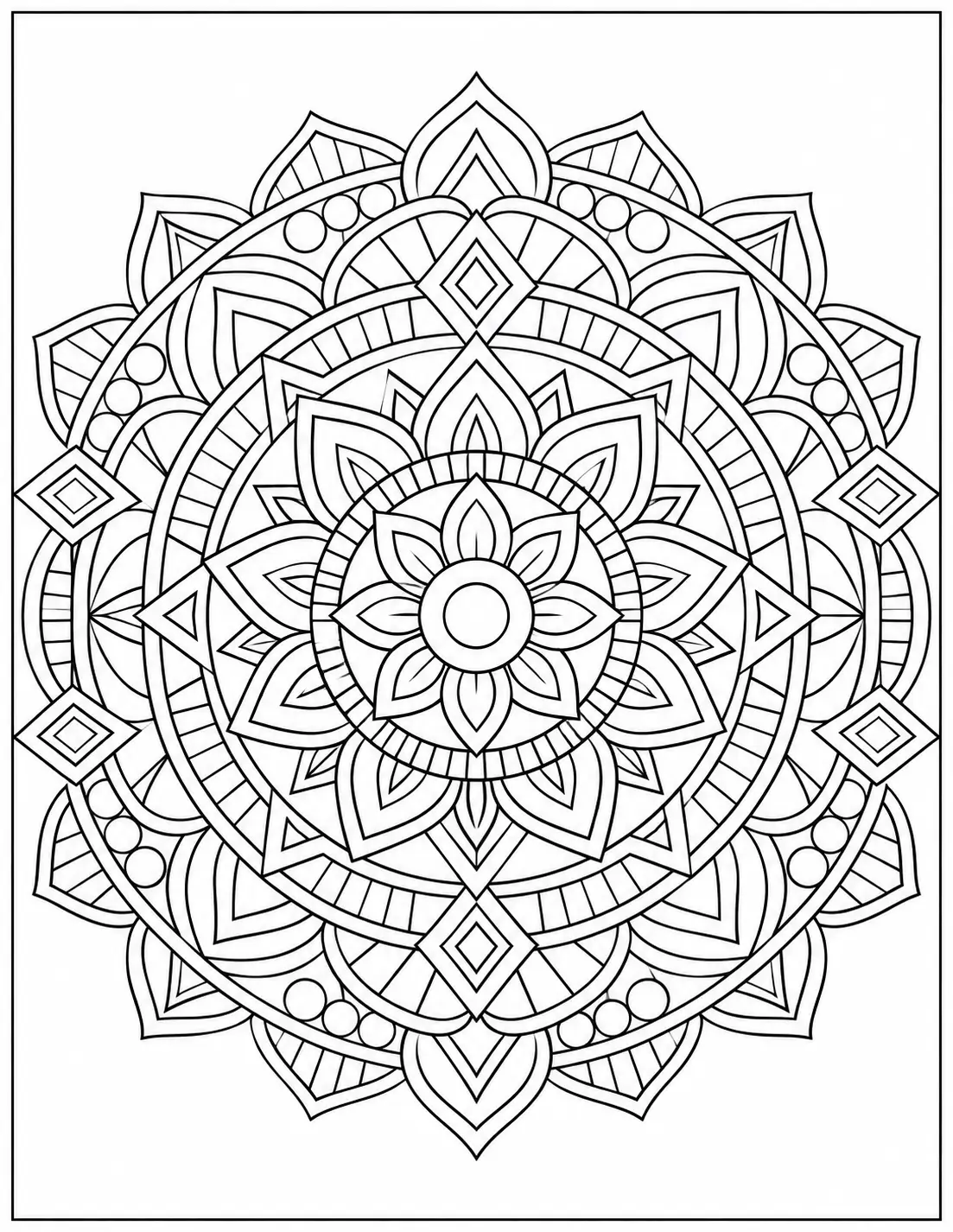 Intricate geometric mandala coloring page for adults