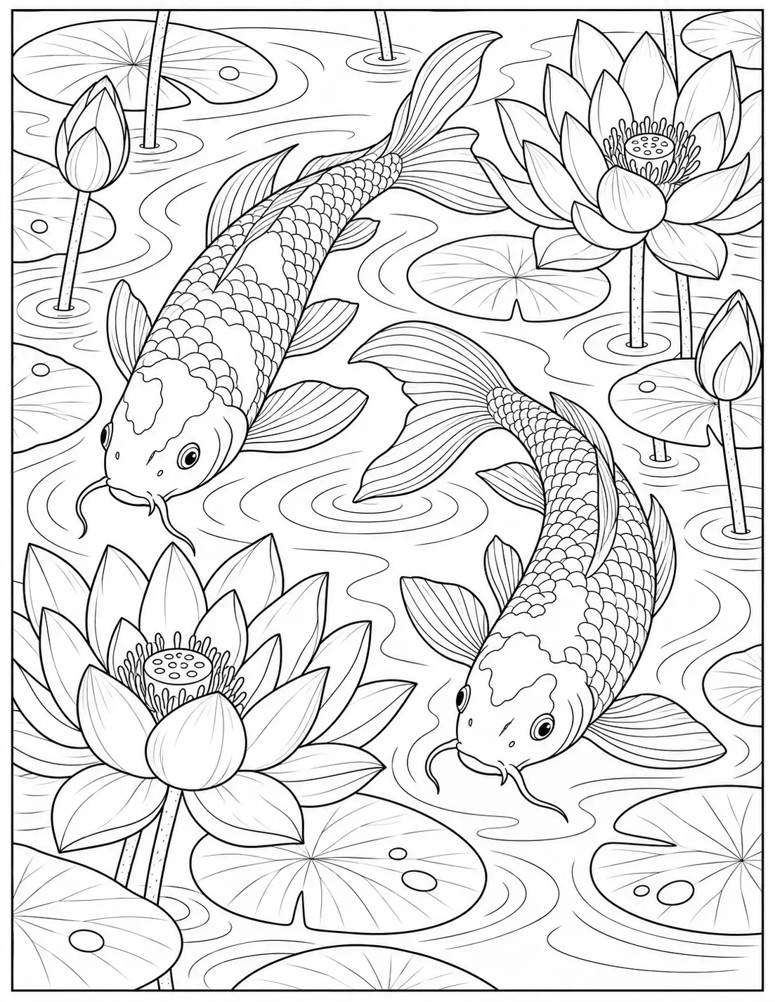 Koi fish swimming in a lotus pond coloring page for adults