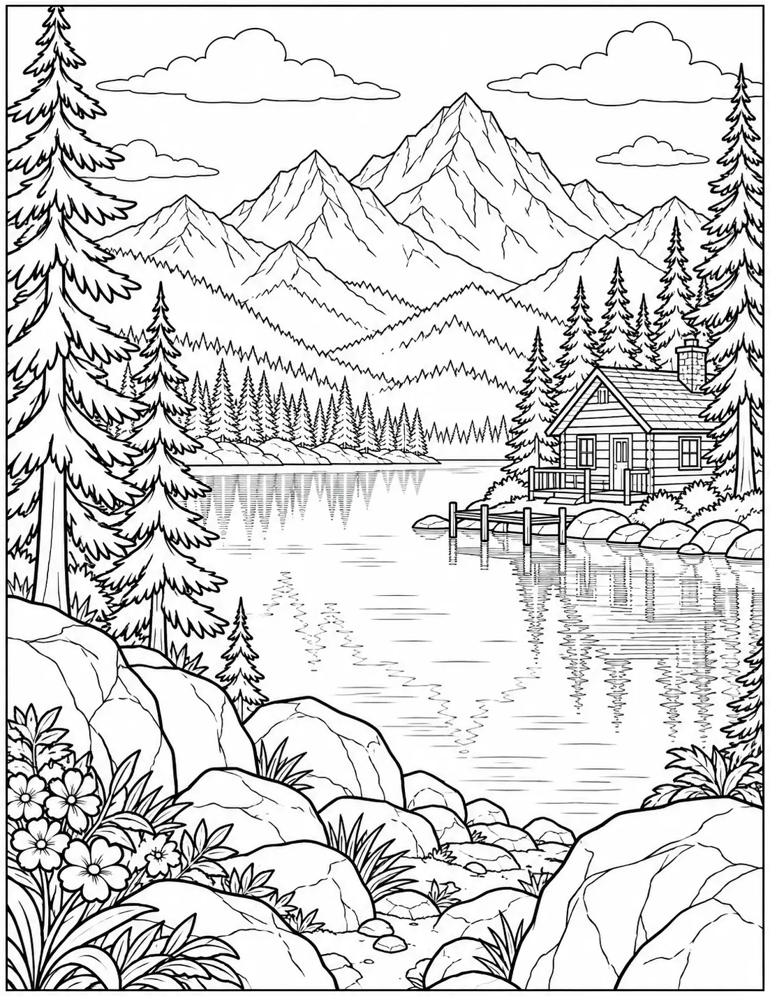Mountain lake retreat landscape coloring page