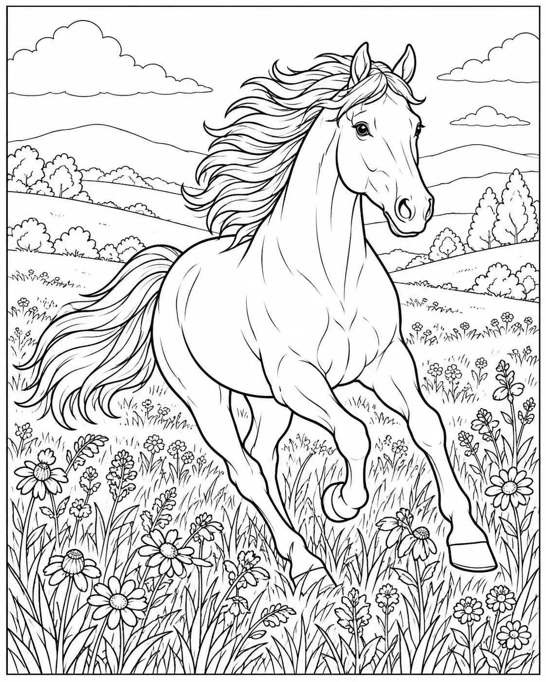 Running horse in a wildflower meadow coloring page
