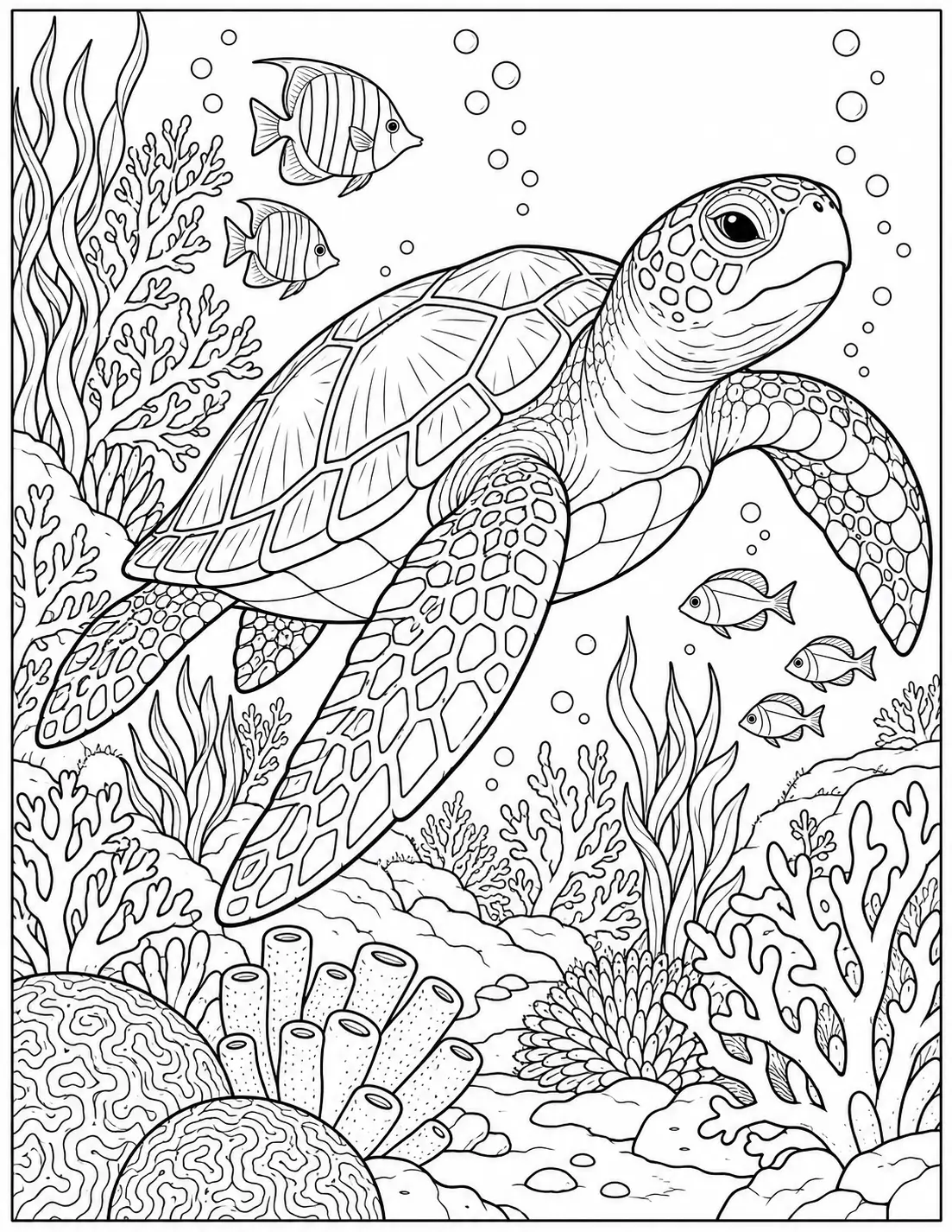 Sea turtle swimming through a coral reef coloring page