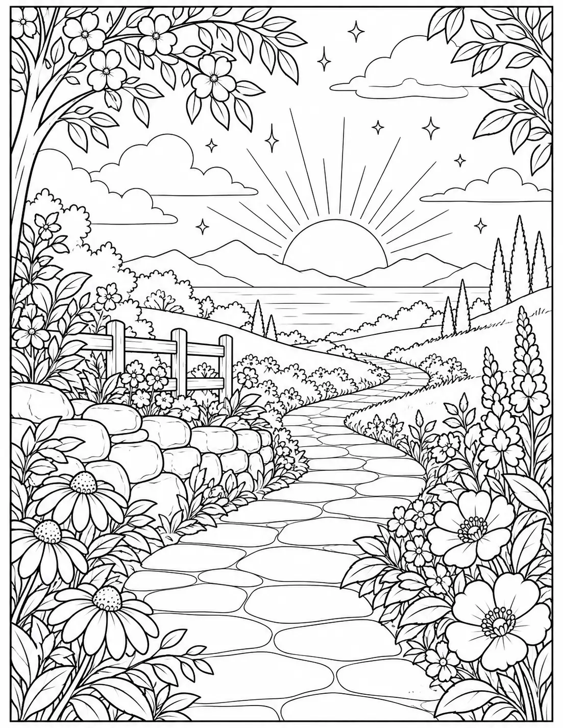 Sunrise garden path recovery coloring page