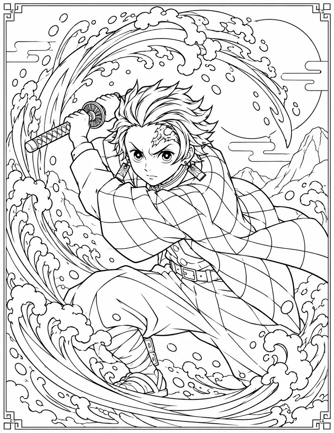 Tanjiro Kamado using Water Breathing with swirling waves coloring page