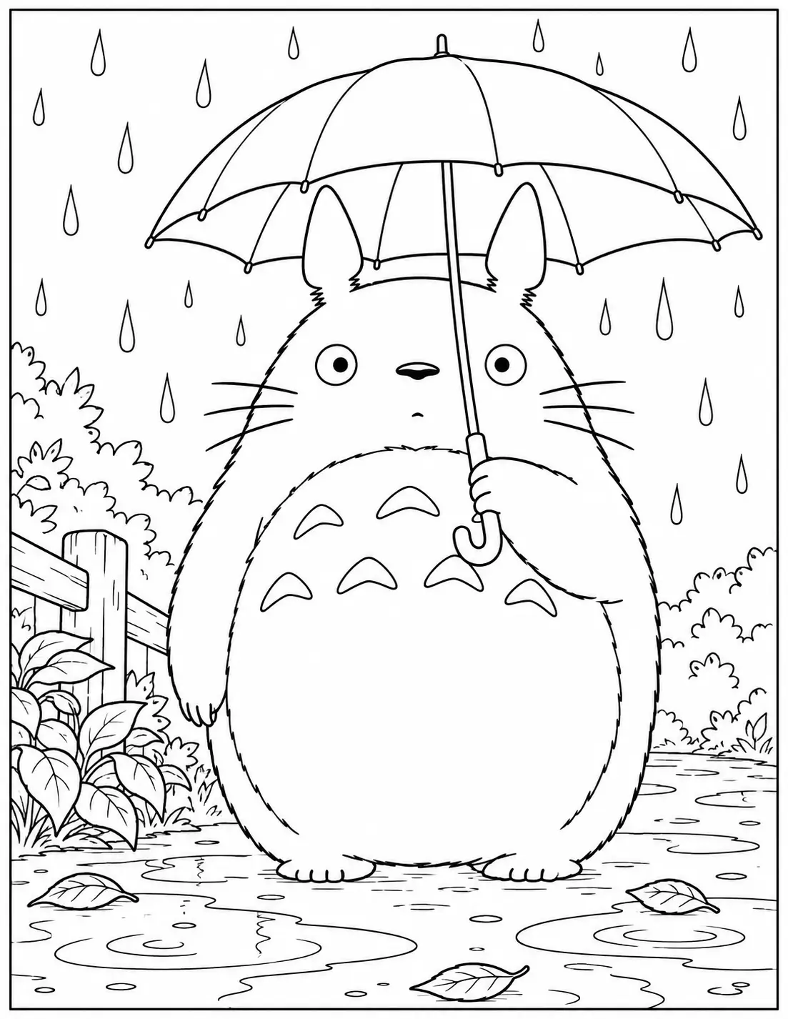 Totoro holding an umbrella in the rain coloring page