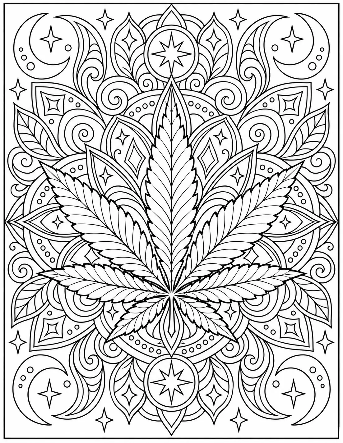 Trippy cannabis leaf mandala coloring page for adults