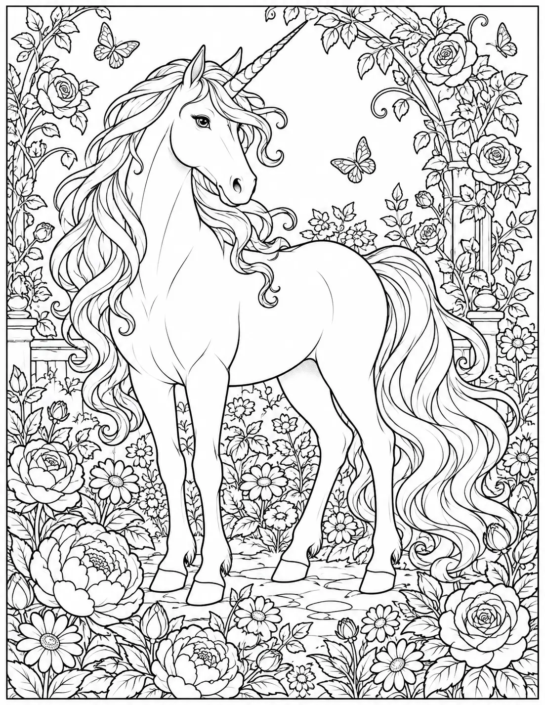 Unicorn standing in a flower garden surrounded by blooms and butterflies coloring page for adults