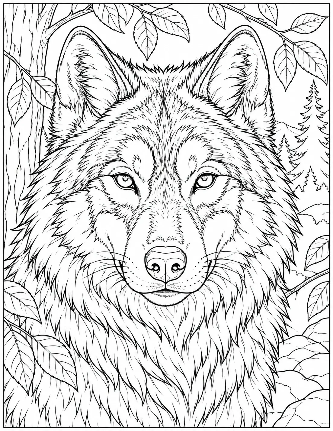 Detailed close-up wolf portrait framed by forest leaves and trees coloring page