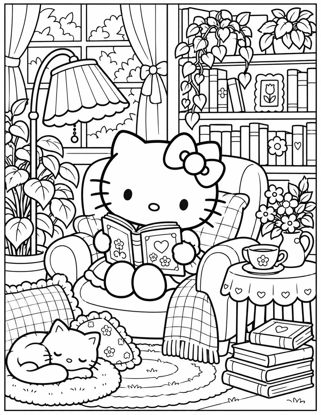 Hello Kitty reading in a cozy room coloring page for adults