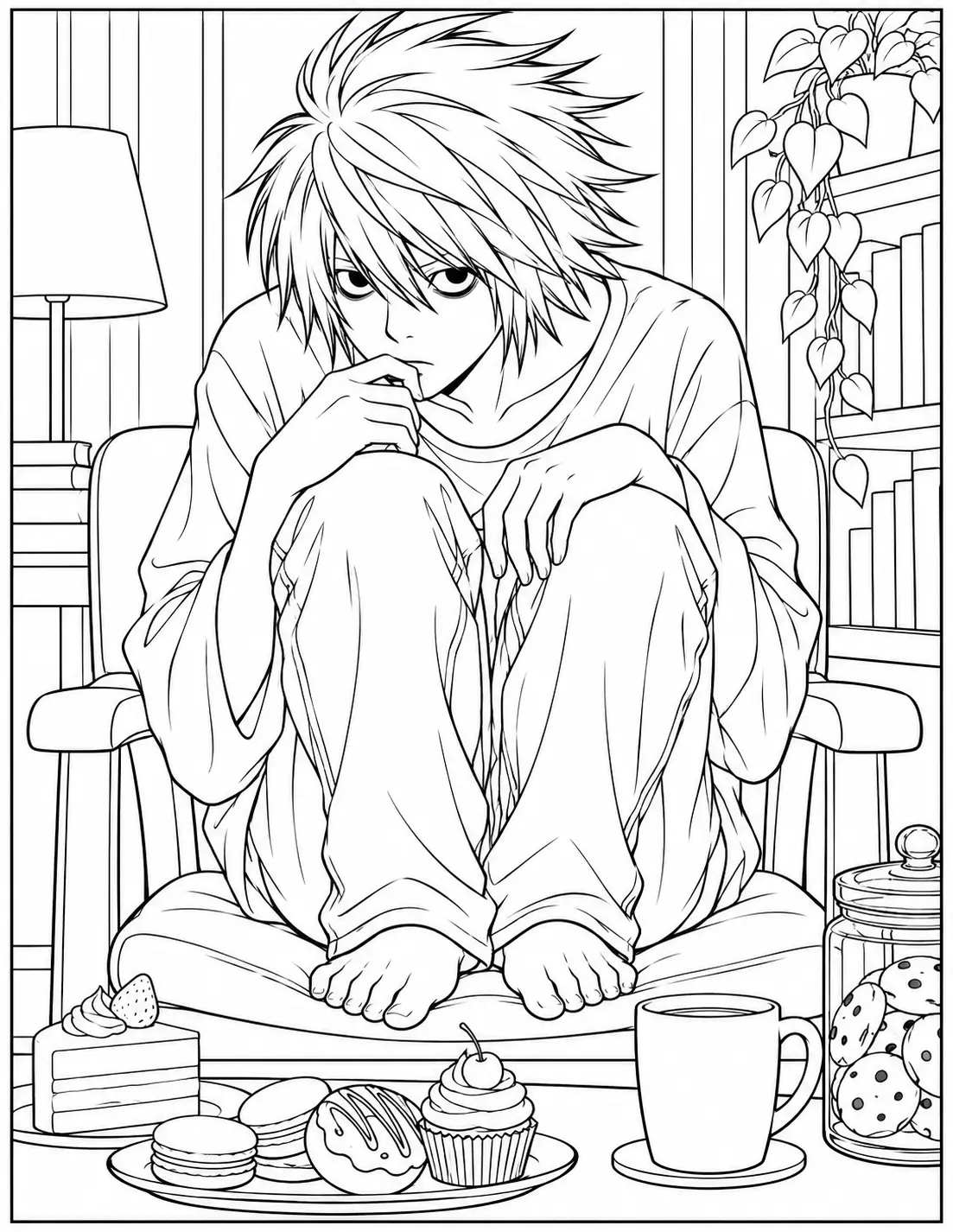 L sitting in his famous crouched pose coloring page