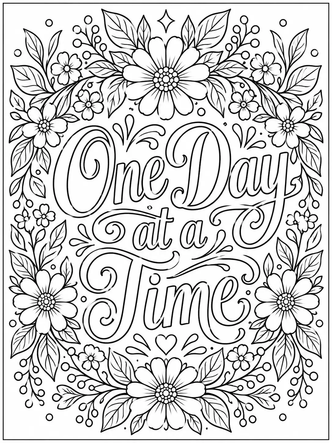One Day at a Time quote coloring page with a floral wreath