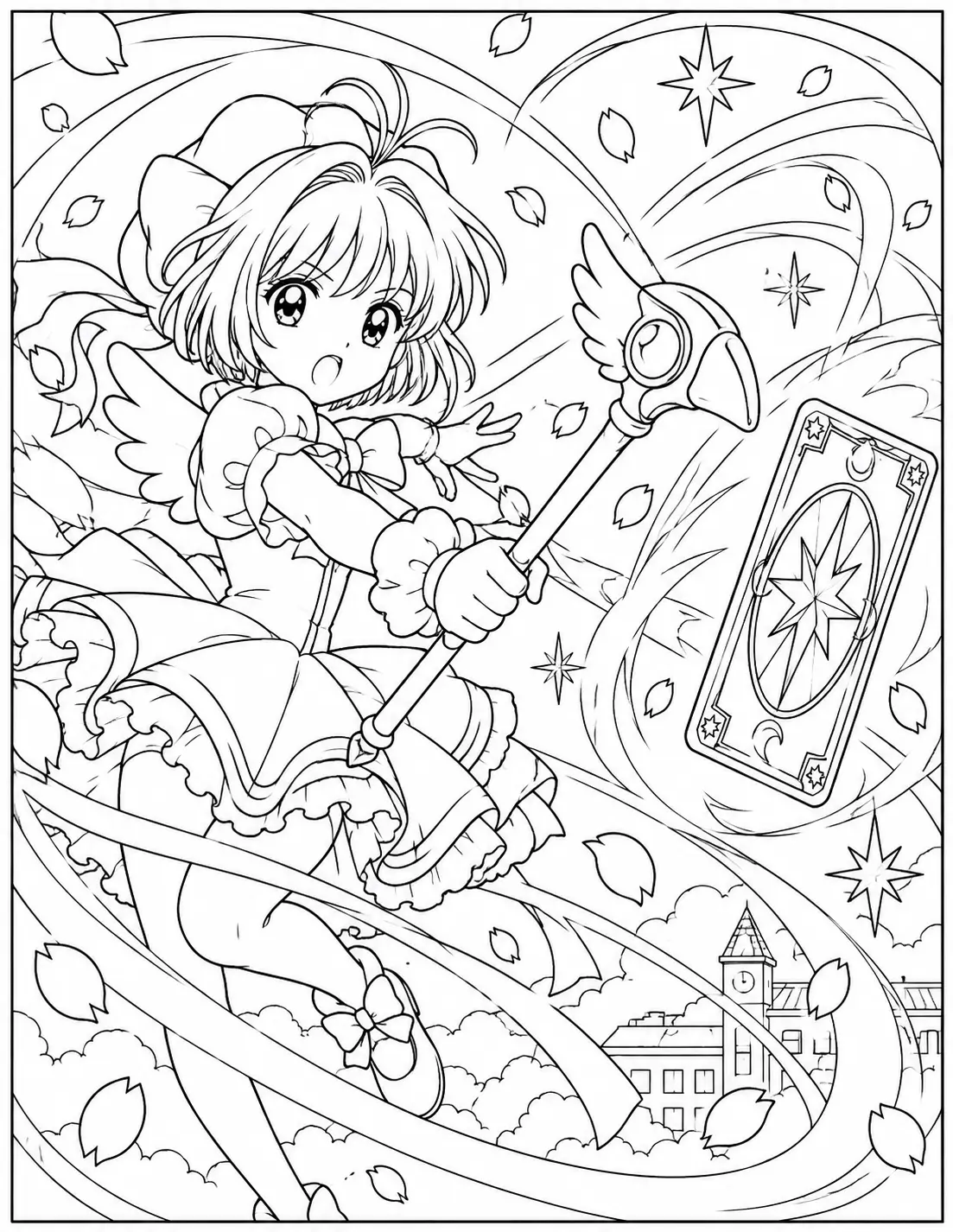 Sakura capturing a floating Clow Card with her magical wand