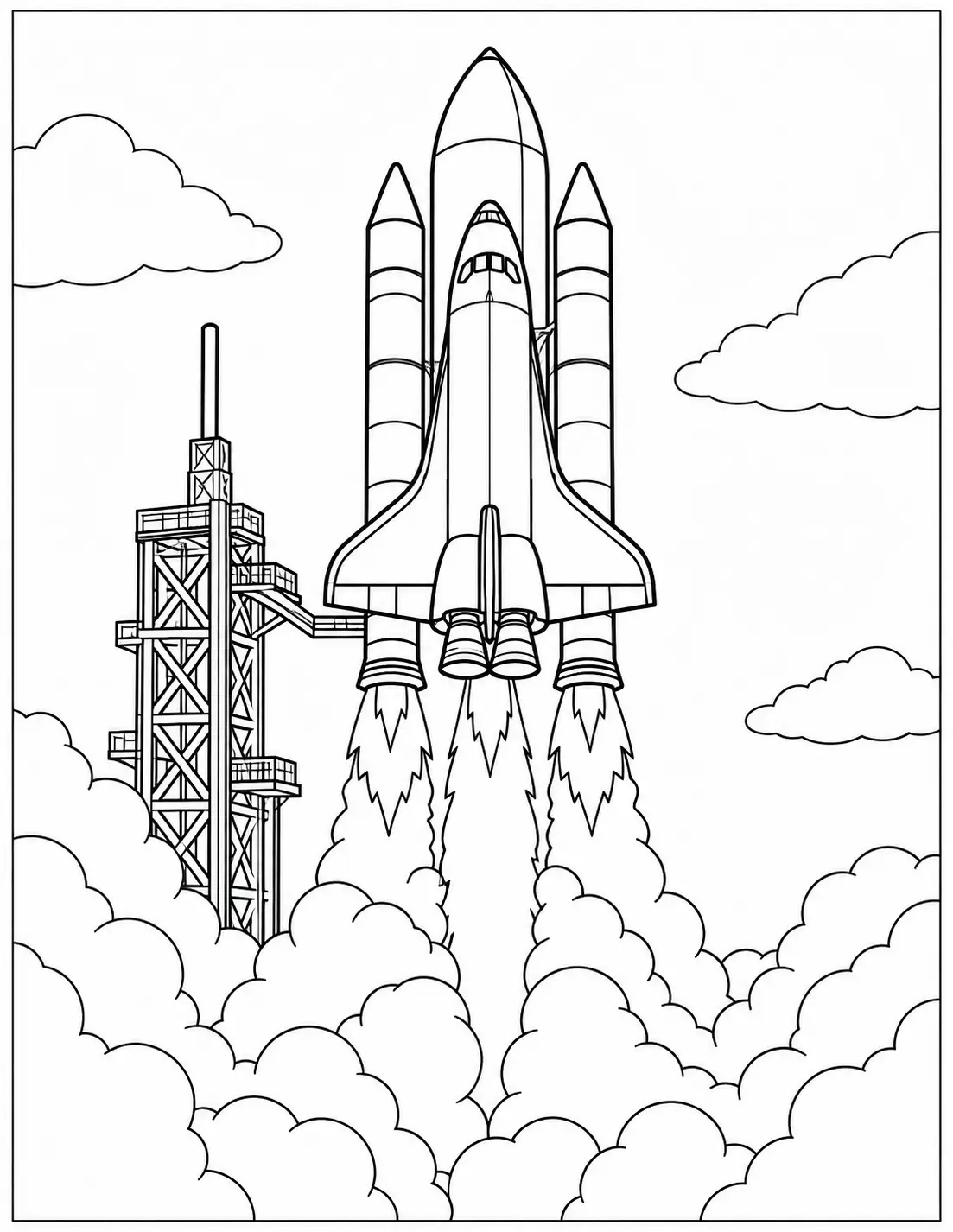 Space shuttle blasting off with smoke clouds coloring page