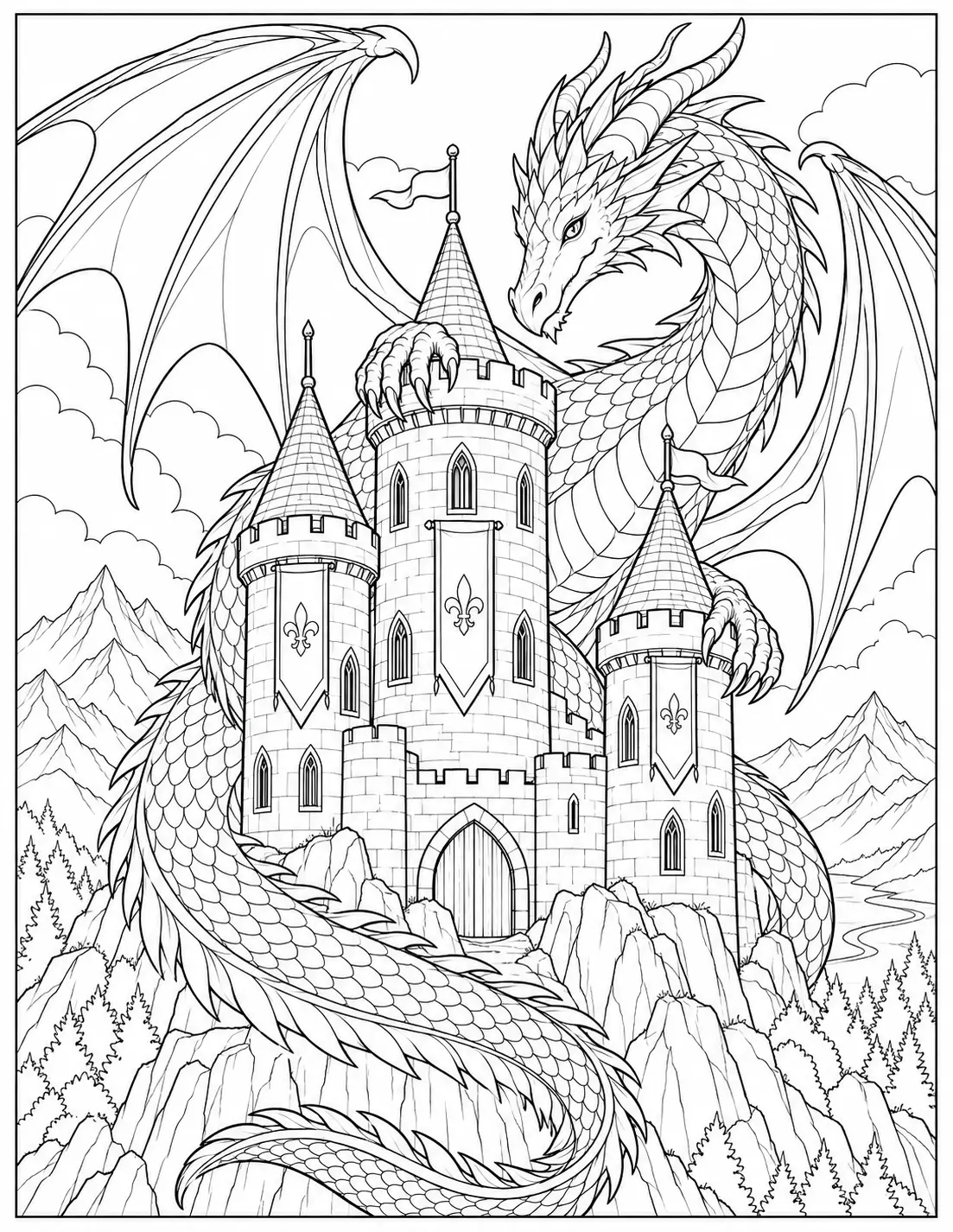 Dragon Around the Castle coloring page for adults