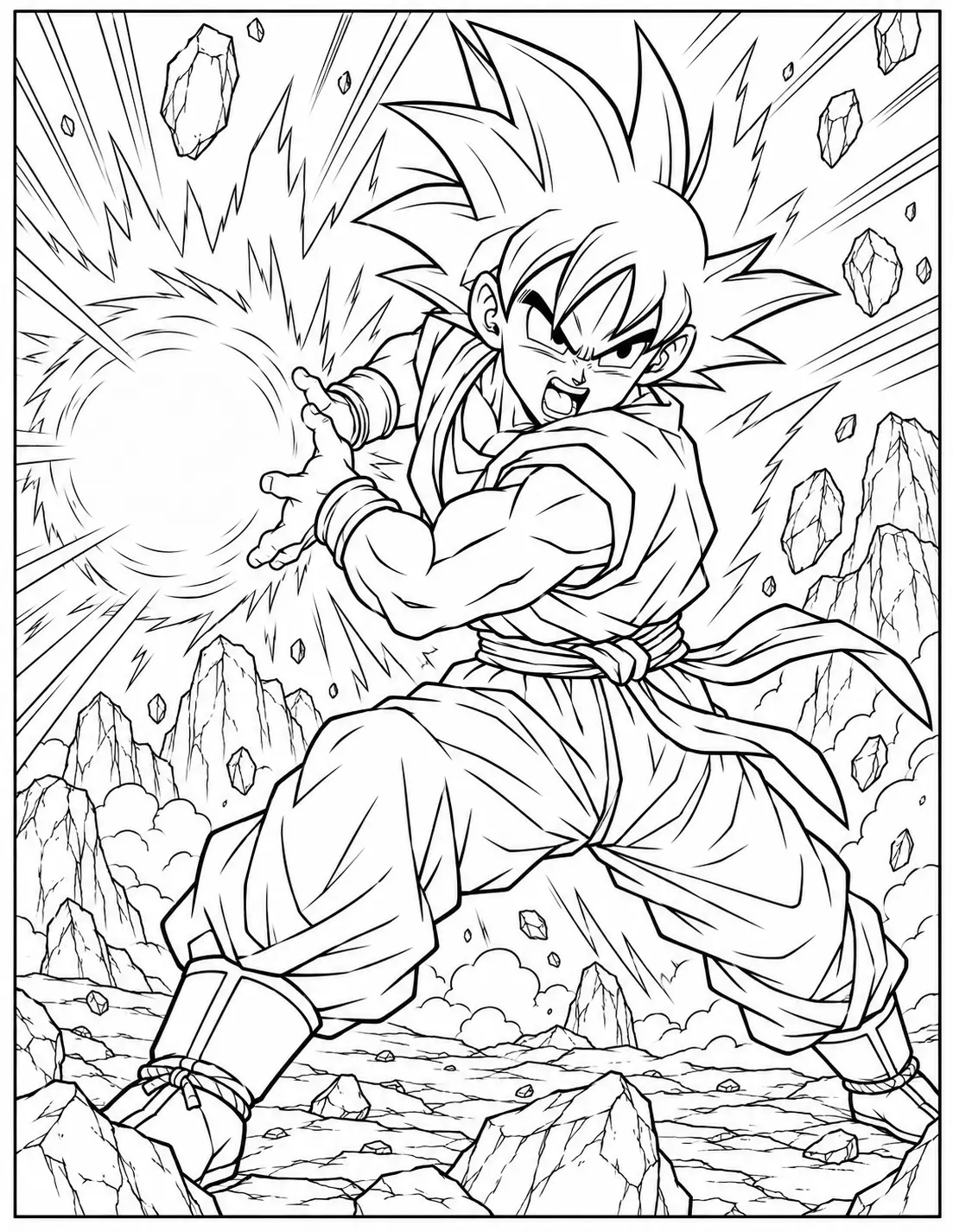 Goku charging a Kamehameha energy attack coloring page