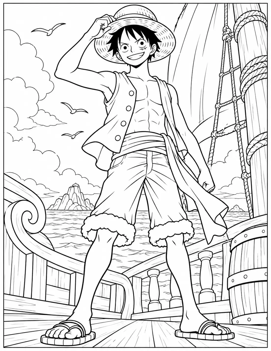 Monkey D. Luffy adjusting his straw hat coloring page