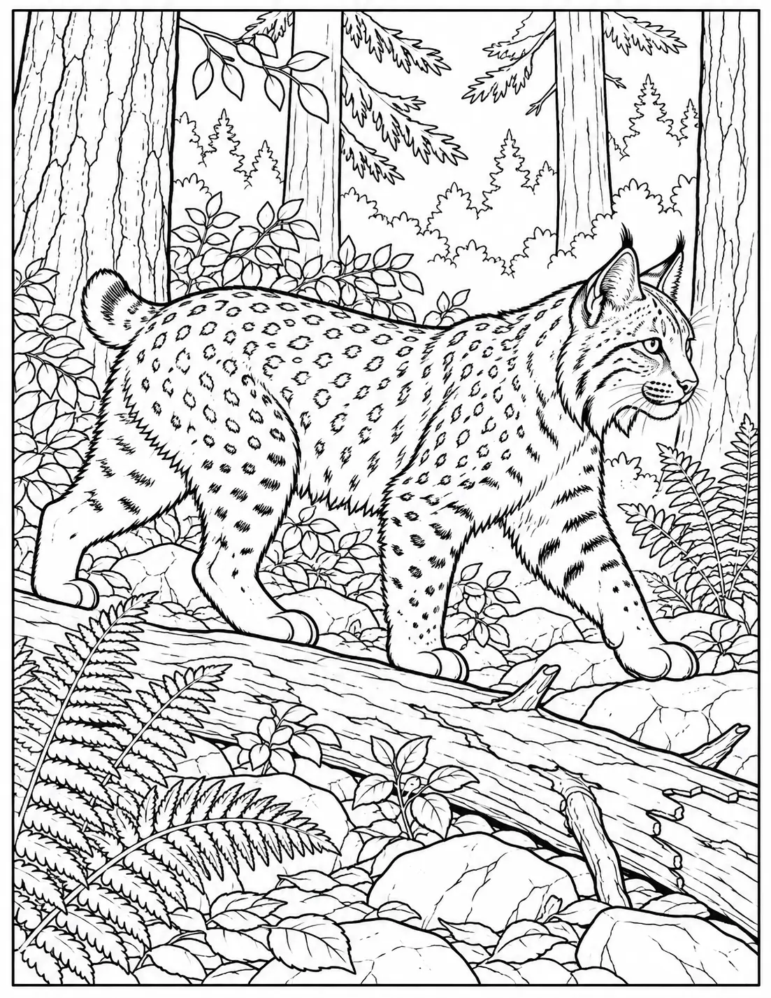 Bobcat walking through a forest with trees, ferns, and rocks coloring page