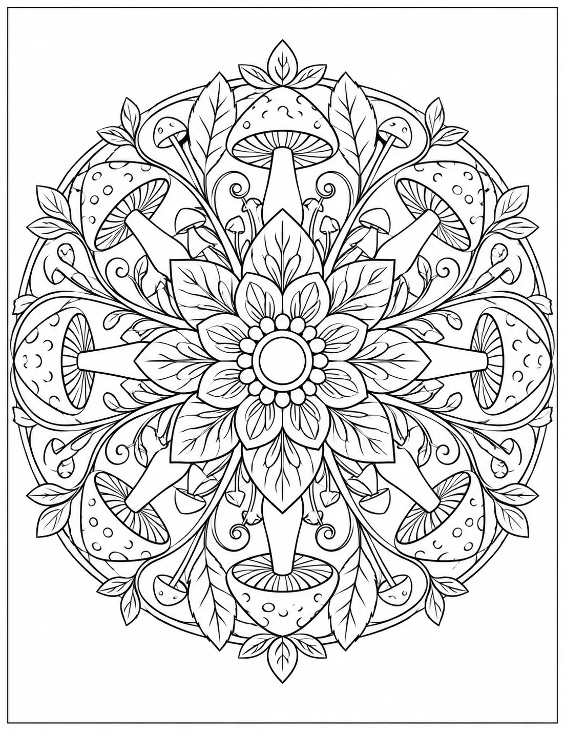 Mushroom mandala coloring page for adults