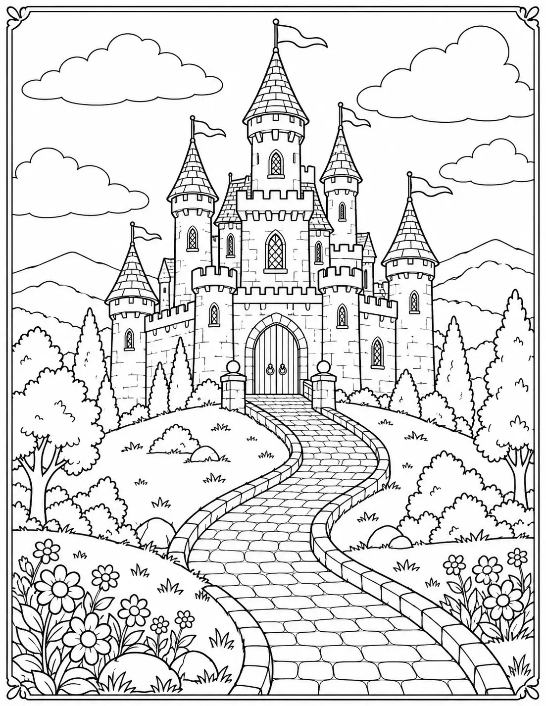 Castle on a hill with towers, mountains, trees and a winding stone path coloring page
