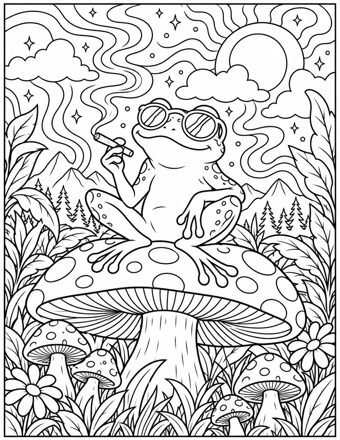 Chill frog sitting on a mushroom stoner coloring page for adults