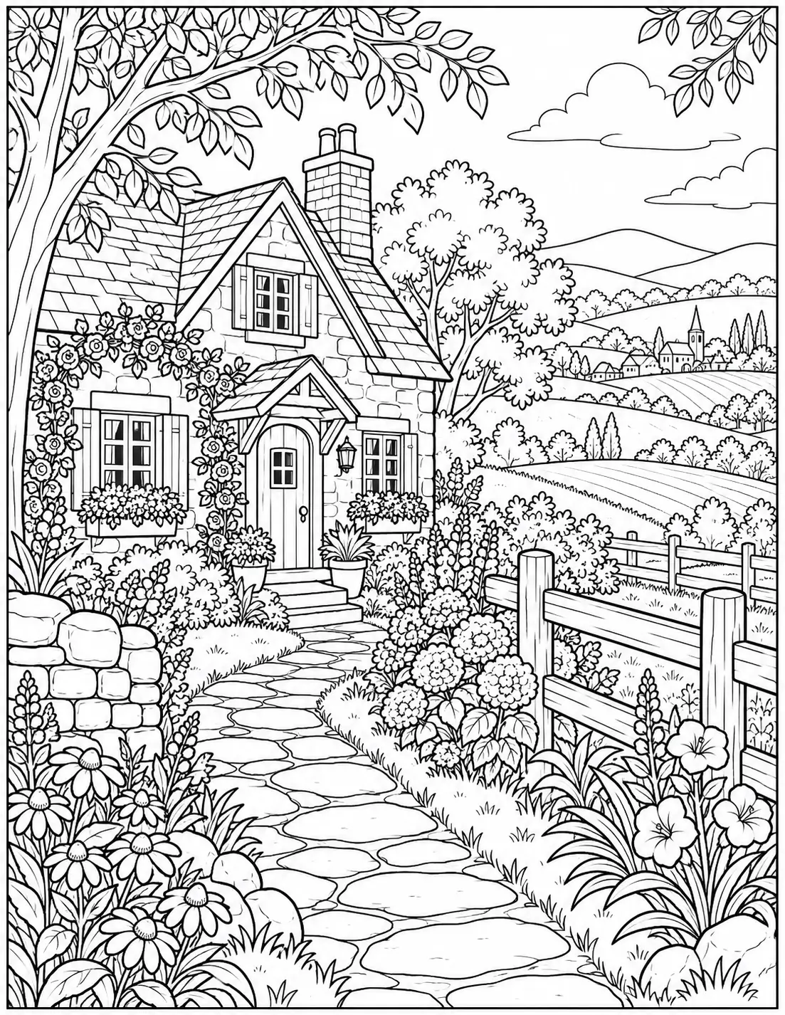 Countryside cottage landscape coloring page