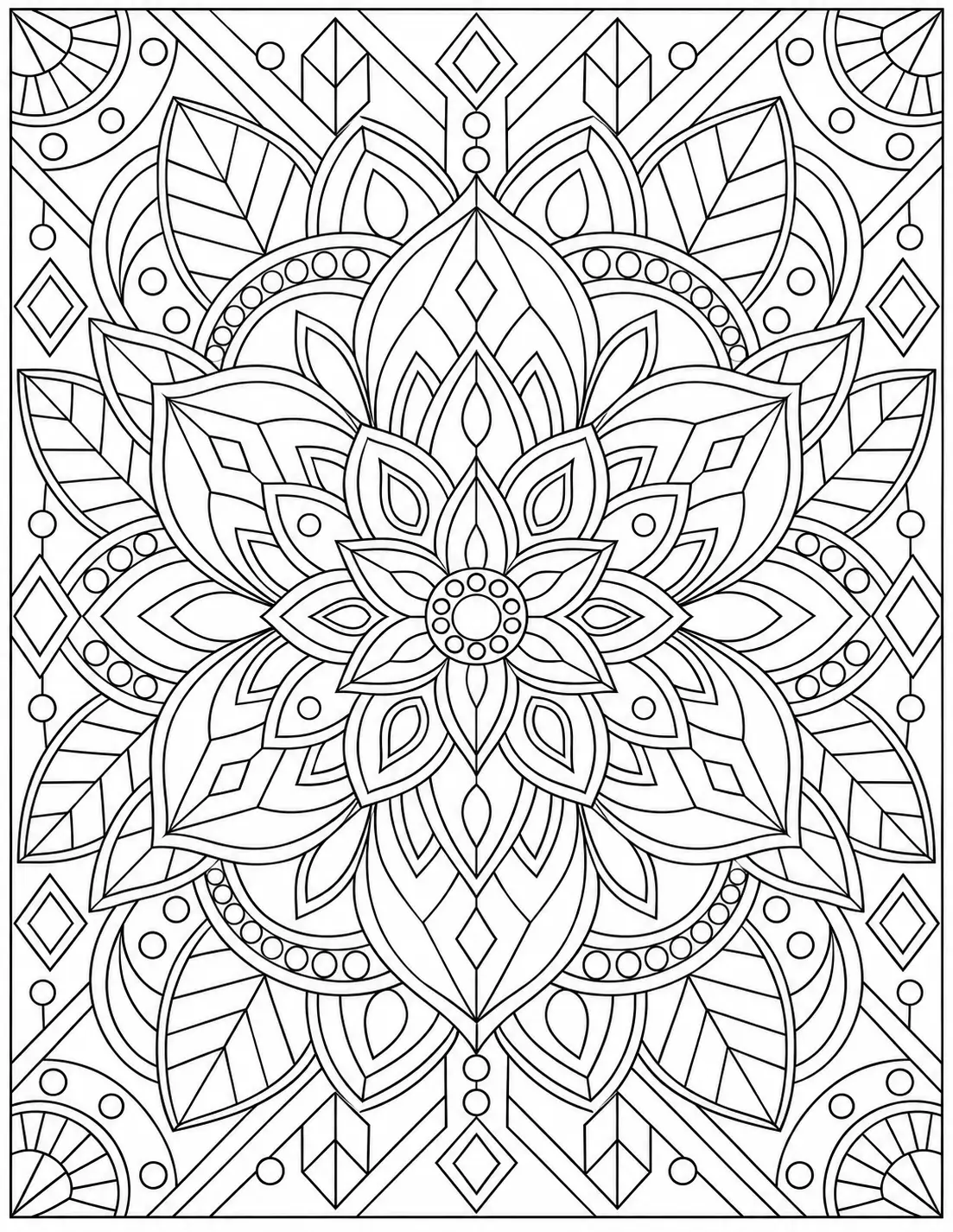 Geometric flower pattern coloring page for adults