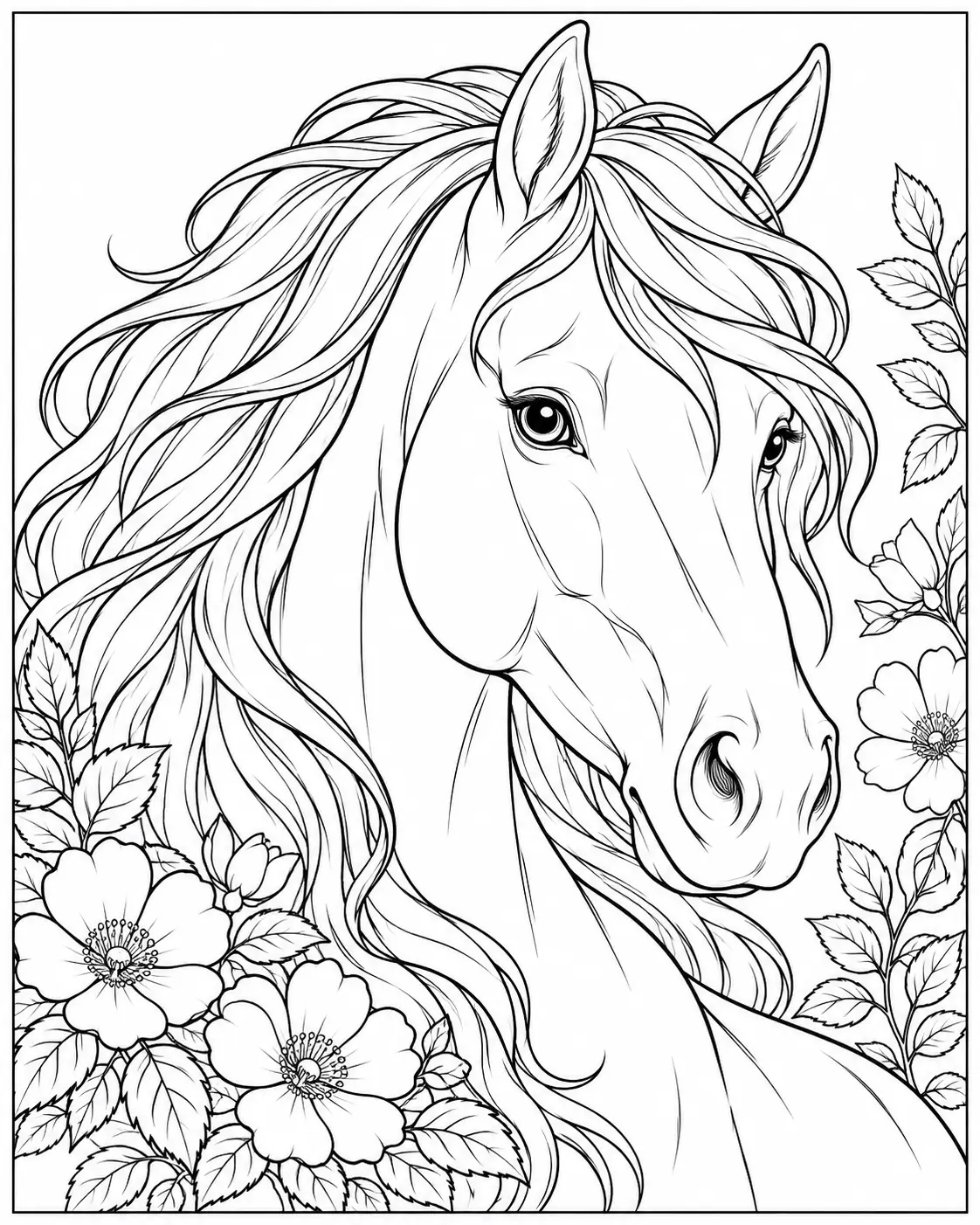 Horse portrait with a long flowing mane coloring page