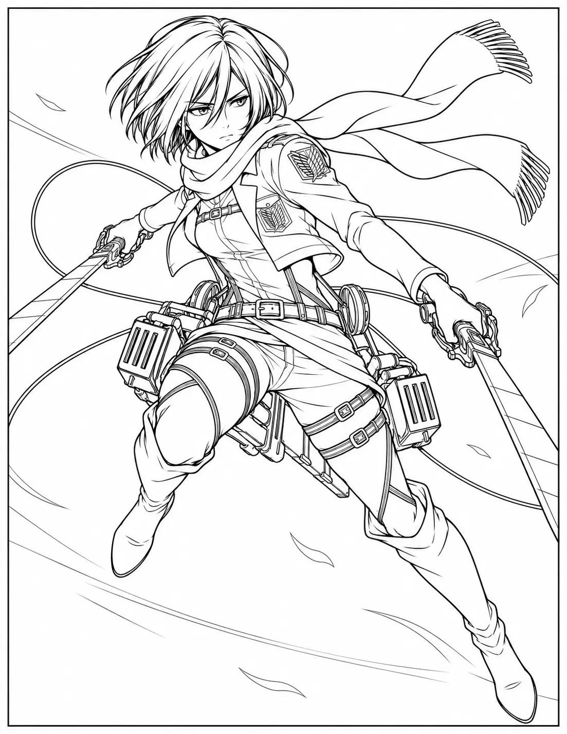 Mikasa Ackerman battle pose with ODM gear coloring page