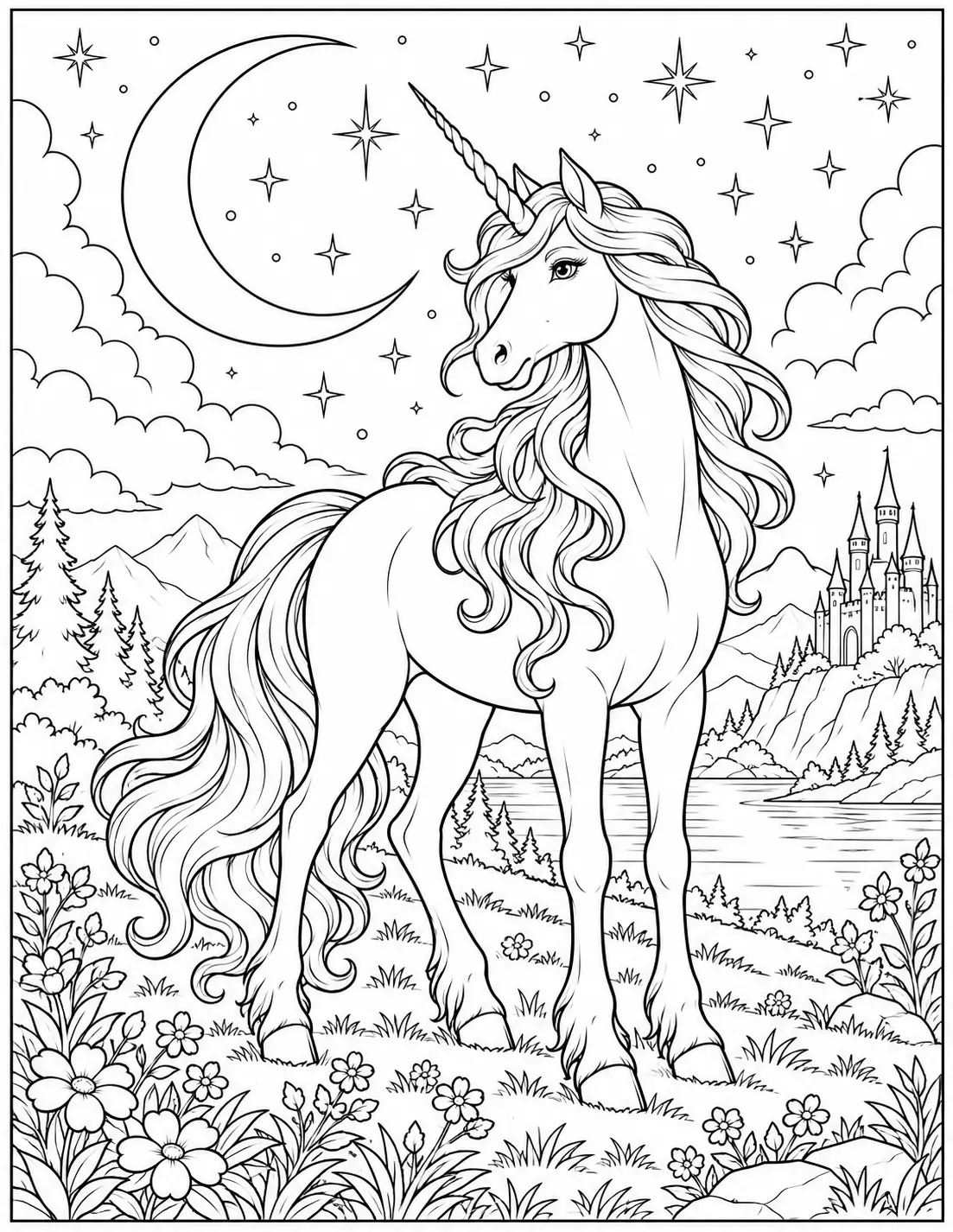 Moonlit unicorn beneath a crescent moon and stars coloring page for adults