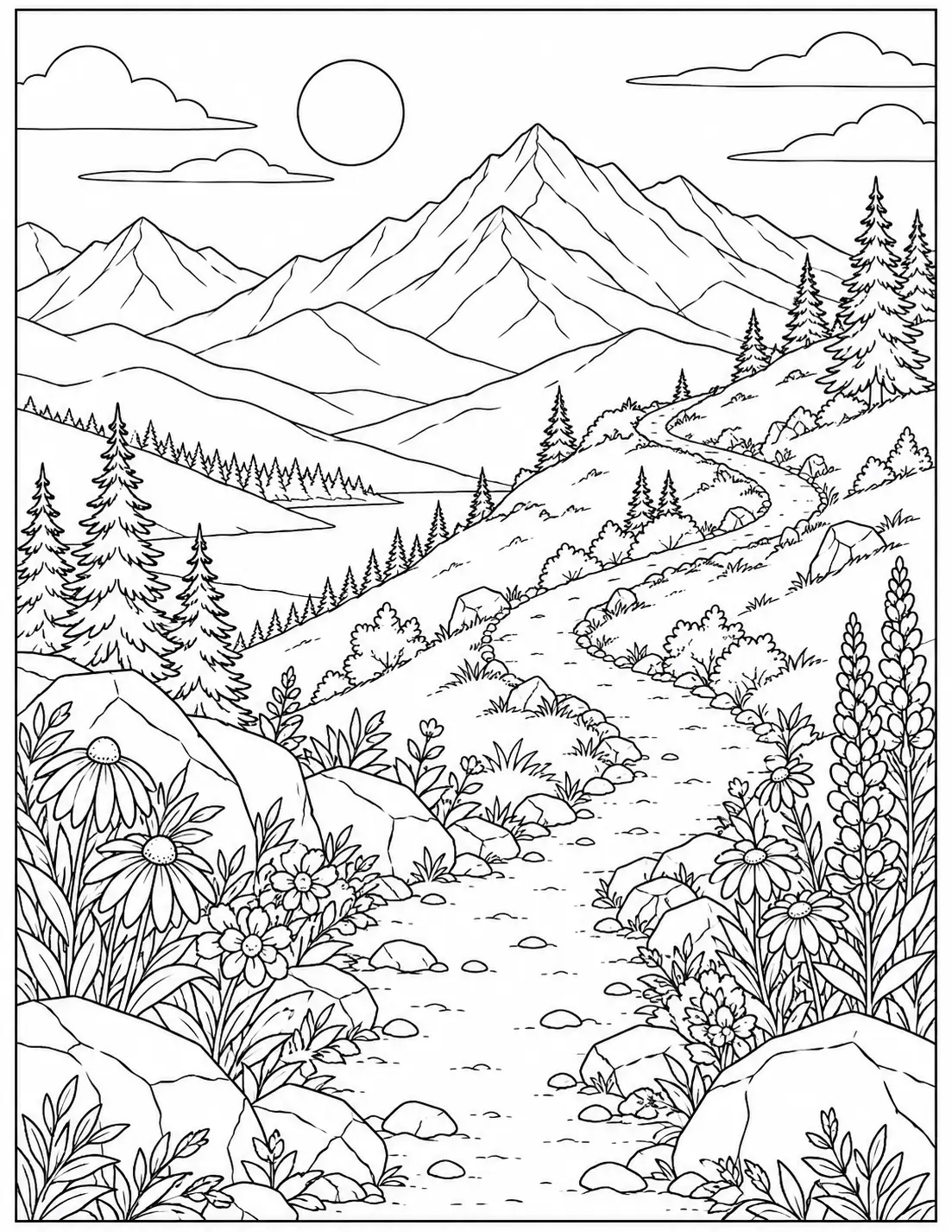 Mountain trail with wildflowers recovery coloring page