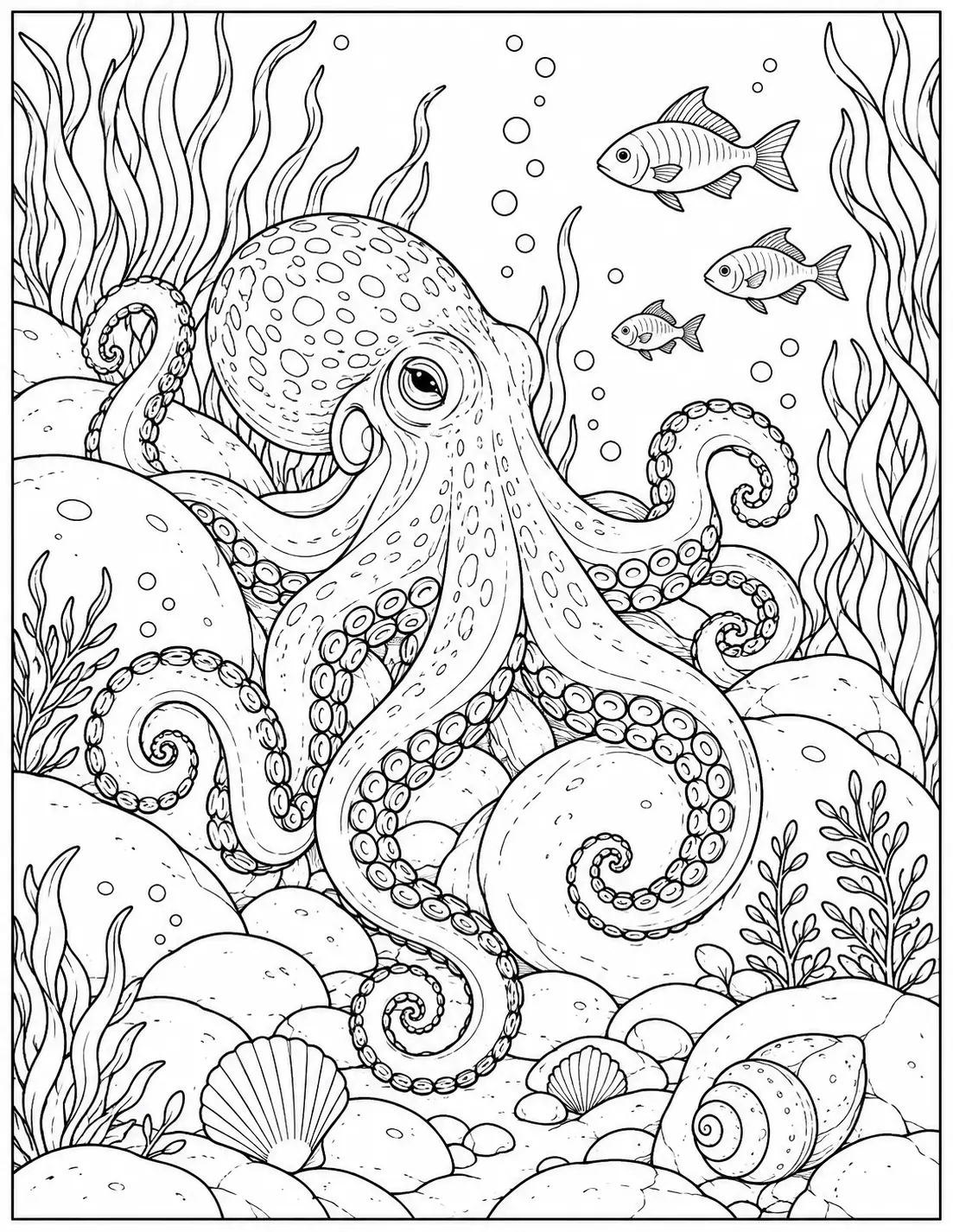 Octopus among underwater rocks coloring page