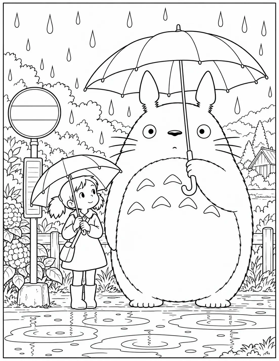 Totoro and Satsuki waiting at a rainy bus stop coloring page
