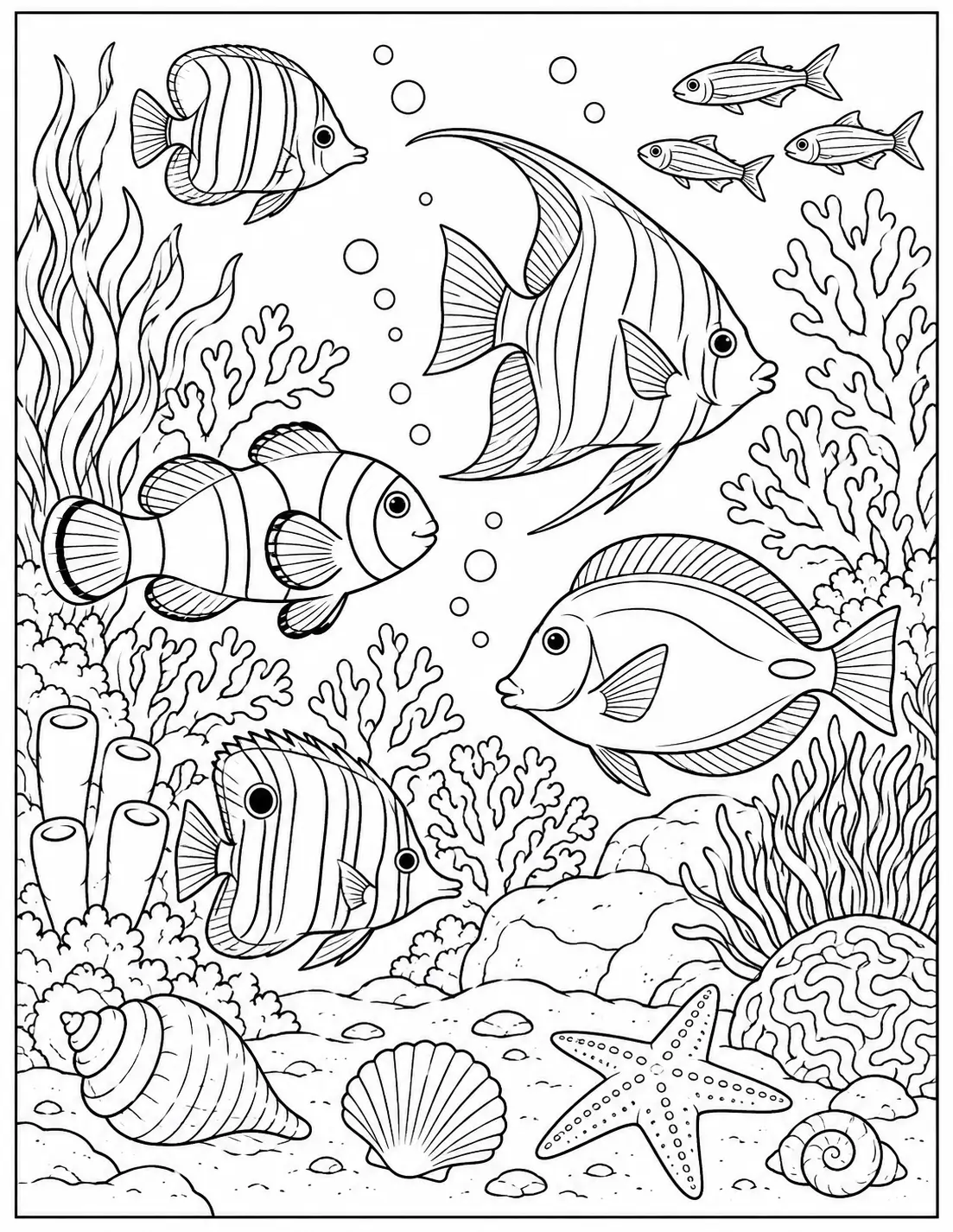 Tropical fish swimming through a coral reef coloring page for adults