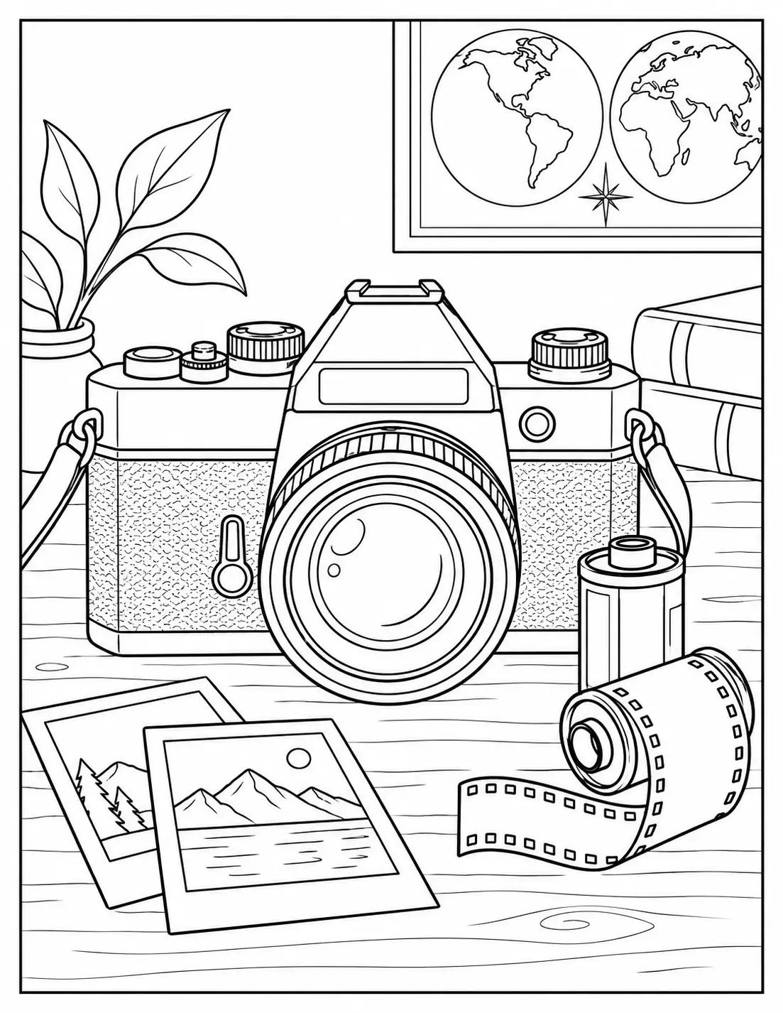 Vintage film camera coloring page with film rolls and photo prints