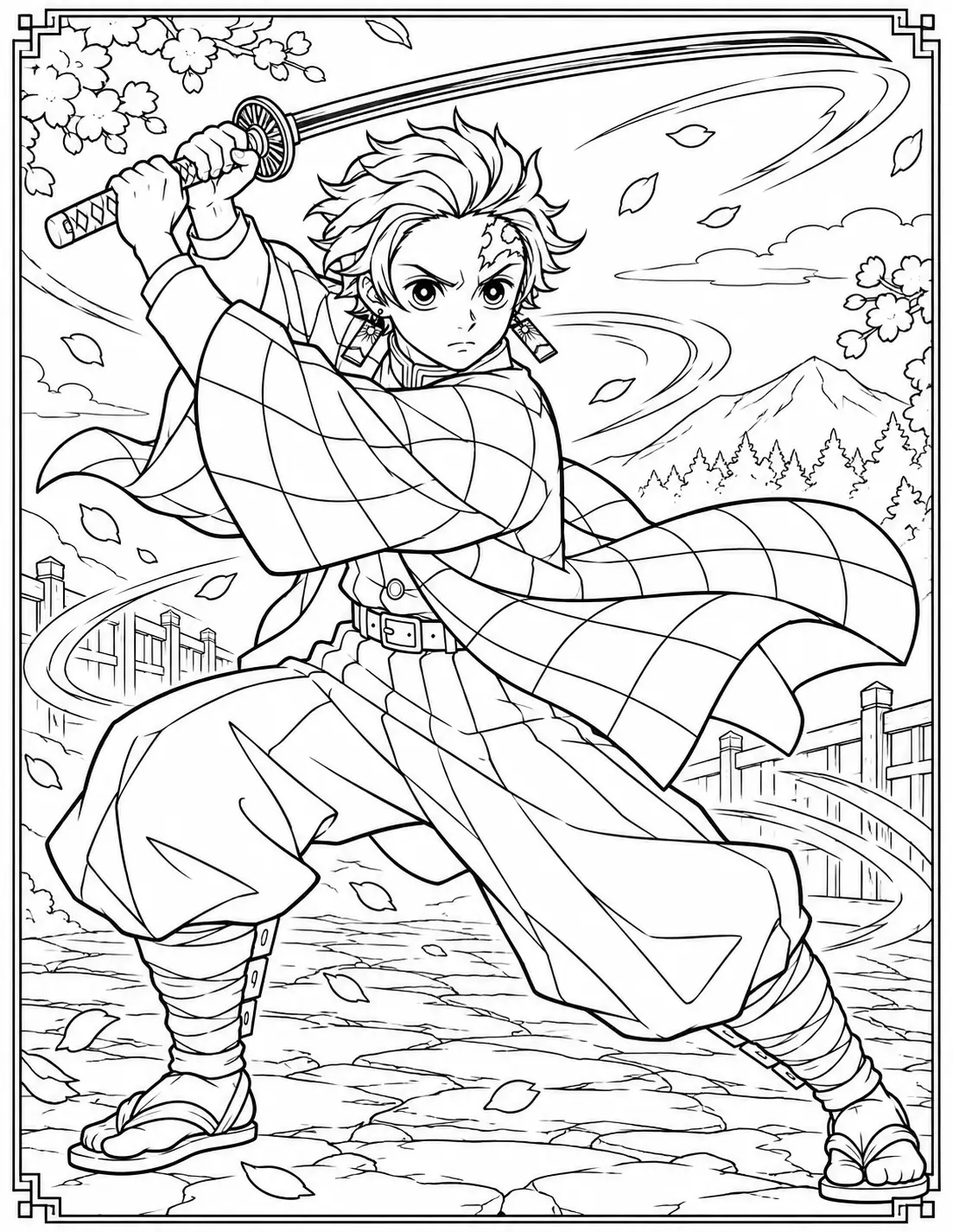 Tanjiro Kamado ready for battle with Nichirin sword coloring page