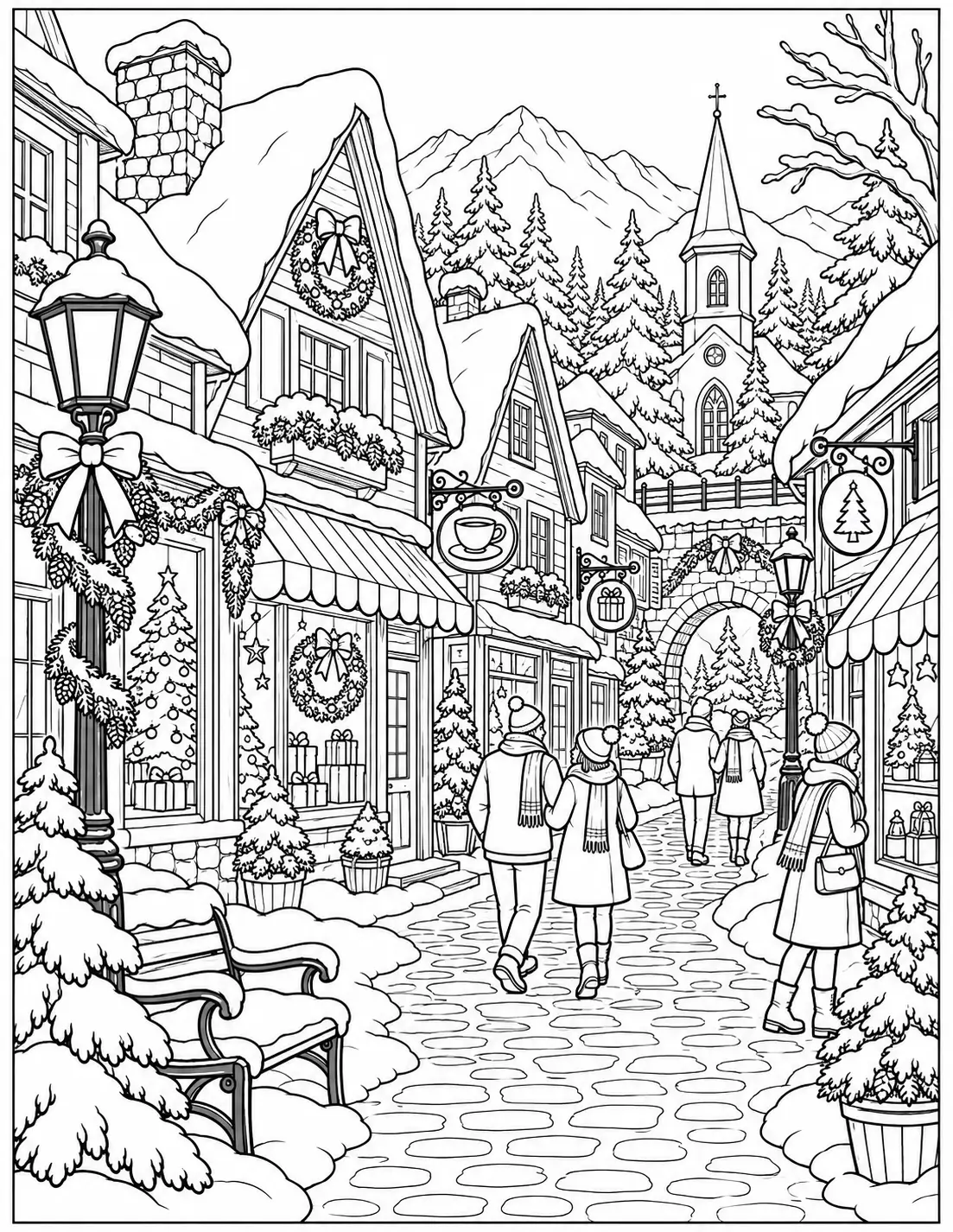 Snowy winter village street with shops and mountains coloring page for adults